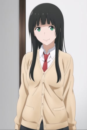 1girl, solo, school uniform, necktie, cardigan, smile, (looking_at_viewer:1.2), makoto kowata, (blank_background:1.2)