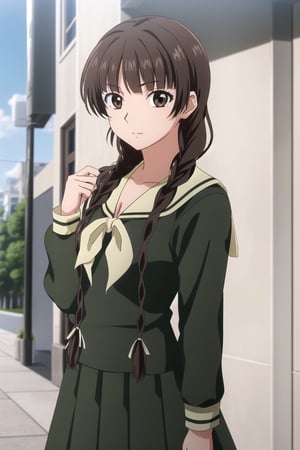 aayoshino, long hair, twin braids, brown eyes, hair over shoulder, school uniform, sailor collar, neckerchief, green shirt, sailor shirt, long sleeves, green skirt, long skirt