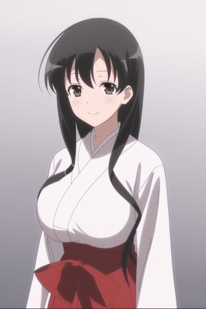 1girl, solo, kasumi_iwato, big_breasts, white_hosode, red_hakama, standing,  smile, anime_screencap, looking_at_viewer, facing_viewer, (blank_background:1.2)