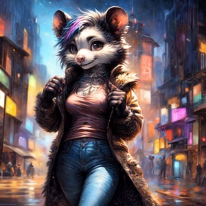 by kenket, by totesfleisch8, (by thebigslick, by silverfox5213:0.8), (by syuro:0.2), (by qupostuv35:1.2), (hi res), ((masterpiece)) , ((best quality)), illustration, furry, opossum, animal ears, body fur,  1girl, solo,  colorful_hair, short hair, shaggy hair, black eyes, looking at viewer, smile, opossum person, (((androgynous))), young adult,  city, (((night, RGB lights, warm colors, )), (, ,  coat, ,,  furry anthropomorphic opossum, furry opossum nose, ((gray fur, black hands, pink fingers)), FurryCore,FurryCore,small boobs,tank_top,joints,tight_jeans