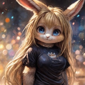 by kenket, by totesfleisch8, (by thebigslick, by silverfox5213:0.8), (by syuro:0.2), (by qupostuv35:1.2), (hi res), ((masterpiece)), ((best quality)), illustration,(anthro,furry,kemono), bunny,rabbit,animal ears, body fur,1girl,solo,(,),,(((blonde hair,long hair))),blue eyes,,lace,fashion,,exposure blend, medium shot, bokeh, furry rabbit nose, , high contrast,look mad  ,,young,,,chubby,chibi,,huge_breasts,,,very small tight t-shirt