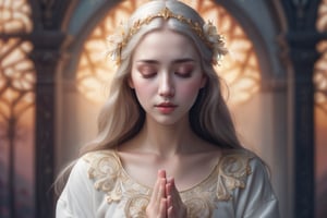 8k,masterpiece,real picture,closed eyes, fantasy fashion,illuminated face,in fantasy atmosphere,""A beautiful white woman in her early twenties, with a fair, porcelain complexion and delicate, petite facial features, conveys a sense of tranquility as she stands with her hands together in prayer, focusing on the upper half of her body. with spiritual background