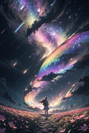 (bottom view), girl standing in a flower field looking up (full moon), (shooting stars), (nebula), sakura, (warm light source:), (Firefly), intricate details, volumetric lighting, (masterpiece), (best quality), 4k, ultra-detailed, (dynamic composition), highly detailed, colorful details, (rainbow colors), (glowing lighting, atmospheric lighting), dreamy, magical,