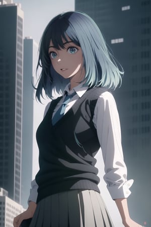 masterpiece, high quality, 8k, beautiful lighting, 1girl, solo, green eyes, medium_hair, profile, gradient hair, white shirt, sweater vest, black vest, blue necktie, grey skirt, outdoors, upper body, looking at viewer, anime, blue hair, city, dynamic angle 