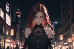 Dark shot, city street, pastel goth, sexy goth girl, photo of cute 24 years old Italian redhead woman, cinematic shot, photorealistic, cute face, looking at viewer, photography, raw photo, white rainbow hair, detailed skin, 