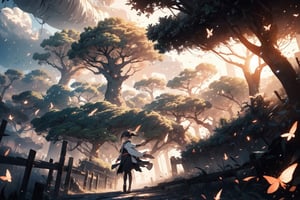 vibrant colors, female, masterpiece, sharp focus, best quality ((solo, one girl,  one landscape )), (illustration, 8k CG, extremely detailed), white foresest, girl, storm, tree moving ,firefliesfireflies