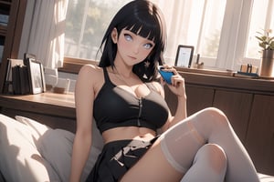 1girl, solo, long hair, breasts, skirt, large breasts, thighhighs, holding, perl eyes, sitting, thighs, black hair, pleated skirt, indoors, white thighhighs, blue skirt, crop top, phone, sexy, crossed legs, cellphone, smartphone, holding phone, sports bra, selfie,portrait,illustration,hinata (shippuden),fcloseup