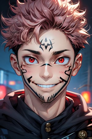 (masterpiece), best quality, expressive eyes, perfect face, looking at viewer, front view, close-up on face, 1male, SUKUNA, smile, red eyes, pink hair, TATTOO_ON_HIS_FACE, school uniform, black jacket, red hood, street, city, night, itadori yuji,itadori yuuji