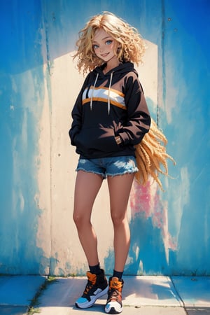 masterpiece, best quality, highres, 1girl very long hair blonde hair curly hair  black hoodie, denim shorts, smile, hands in pockets