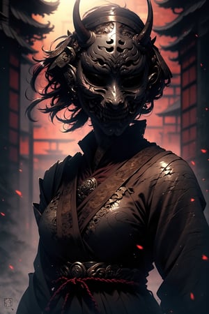 masterpiece, high quality, high resolution, high details, portrait, waist focus, 1 girl, white skin, short hair, brown hair, black eyes, samurai, (masked:1.1), oni_mask, (scars:1.2), (complex background:1.2), asian temple, dark art,fantasy00d