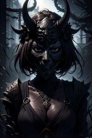 masterpiece, high quality, high resolution, high details, portrait, 1 girl, short hair, black hair, black eyes, black top, navel, black skirt, (masked:1.1), oni_mask, (scars:1.2), (complex background:1.2), asian temple, dark art,fantasy00d