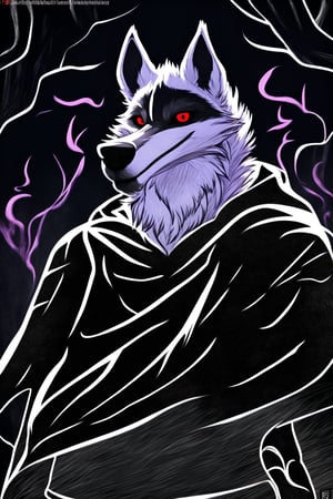 masterpiece, high quality, high resolution, high details, full body ,Death_Wolf, wolf, male, furry, grey fur, red eyes, black cape, looking at viewer, little smile, woods, night, purple flames, creepy, LINEART