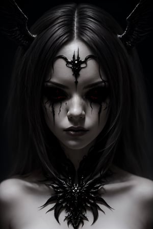 master piece, HD, ultra detailled, high definition, high_res, high_resolution, portrait, woman, empty eyes, looking_at_viewer, black_sclera, dark room,fantasy00d,Completely_black_eyes