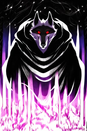 masterpiece, high quality, high resolution, high details, full body ,Death_Wolf, wolf, male, furry, grey fur, red eyes, black cape, looking at viewer, little smile, woods, night, purple flames, creepy, LINEART