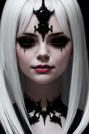 master piece, HD, ultra detailled, high definition, high_res, high_resolution, portrait, woman, empty eyes, looking_at_viewer, little smile, black_sclera, dark room,fantasy00d,Completely_black_eyes
