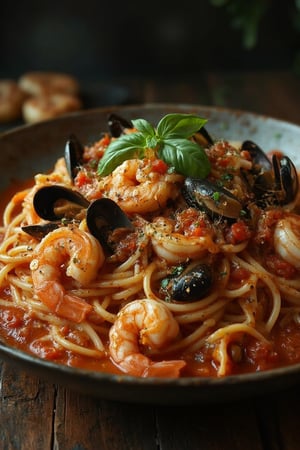 Photography in (steve mccurry style), 
art photography in Chiaroscuro sharp contrasts, harsh contrast, 
Seafood pasta. A plate of linguine tossed in a rich tomato sauce, loaded with shrimp, mussels, clams, and squid, and garnished with fresh basil.

, cinematic, (cinematic color grading:1.3)
emotive humane photography, rich colors, analog film, film grain, kodachrome, intricate details, Fine art photography style, 

The overall composition has a artful and cinematic feel, blending the nostalgia of classic paintings with every day life. flfmt