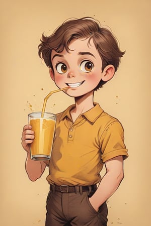 vintage comic book ((illustration)), 
(Brown-haired boy with a round face, drinking from a glass with a yellow beverage through a straw) in a (mid-20th-century cartoon illustration style). The male child character has (simple, stylized features) with (small dot eyes and a gentle smile). The hair is (brown, represented with simple, playful shapes). The boy appears (joyful and innocent), with a (retro aesthetic reminiscent of 1950s and 1960s children's book illustrations). The background is (minimalistic, focusing on the character) with (flat, solid colors typical of offset printing). The overall mood is (cheerful and nostalgic), capturing the (essence of vintage children's illustrations). rubber_hose_character, children's picture books,, detailed gorgeous face, exquisite detail, ((full body)), 30-megapixel, 4k, Flat vector art, Vector illustration, Illustration, ,,rubber_hose_character,,vintagepaper,,,,,,<lora:659095807385103906:1.0>