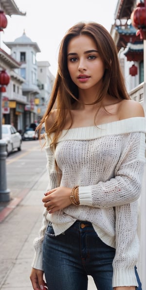 1Girl, height 160, 60kg, ((full body shot)), full camera shoot, 28 year old girl, ((walking, his body turned towards the camera)), (((background realistic San Francisco, at nur5 Chinatown))), looks like actress, singer, Naomi Scott born May 6, 1993 in London, England , (((looks in the direction of the camera))), (((with closed lips, seductive lips))), (((shes lips shine of high-quality lip gloss))), (((serious))), ((no makeup)), (((human teeth))), sharp picture, camera fokus on girl, real life, perfect realistic image, (realistic shadows), detailed fingers, detailed realistic face with perfect nose, attractive girl, (((perfect detailed skin auburn colored))), (((long nice shape legs))), realistic small skin wrinkles, small eyes, (dark blue color eyes, perfect eye iris), BREAK, perfect detailed face with realistic complexion, with skin small pores, seductive gaze, (((wears extra blond colors straight long hair))), no eyelids errors, human perfect eyelids, detailed symmetric eyes, symmetric detailed eyeballs, photo model, perfect body natural posture, (((relaxed hands:1,5))), super fit hips, (((perfect detailed, women`s fingers without errors))), two arms, two legs, one head, sunny day, realistic shadows, mystical lighting, 16K, UHD, RAW photography, (real shadows), cinematic light, (((human female color nails))), dressed in (((tight jeans))), BREAK, (((wears white colors Solid Off Shoulder Sweater Women's Pullover Cozy Thin Sweater Autumn Top:1, 4))), (((handmade colorful woven bracelets on her hands))), (( small size, round breasts)) no bra,Masterpiece