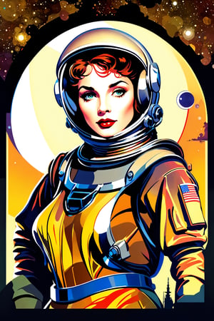 digital art 8k, style, mail art,A creatively illustrated abstract image in vector form of a 1950’s pulp magazine cover art "Junk Tank" is the title logo. It’s a science fiction woman in an astronaut suit, predominately Pantone off-white and with analagous colors such as yellow, generally vivid and bright but limted color palette, isolated from the background elements so the image is clean, simple and minimalistic, (dark luminescent:1.2) art by Alphonse Mucha, Kinuno Y Craft, Brian Froud, Arthur Rackham, Jean Baptiste Monge