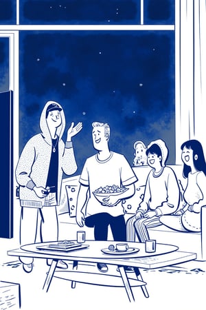 An editorial illustration of a group of friends lounging on a sofa, watching TV late at night inside their apartment. One person holds a bowl of popcorn, while the others laugh at the screen, their postures relaxed and carefree.

Appearance:
Casually dressed in hoodies, sweats, and t-shirts. One person has their feet propped up on the coffee table, another is wrapped in a blanket, creating a cozy, lived-in atmosphere.

Setting:
A modern living room with abstract lines depicting the sofa, a coffee table cluttered with snacks, and a large TV screen. The night sky is visible through a nearby window.

Mood:
Light-hearted and relaxed, the scene conveys a sense of friendship and casual fun, with muted tones reinforcing the night-time setting.

Era:
Present-day, with subtle hints of minimalist design.

Perspective:
Front-facing view of the group, showing their engagement with the TV and their shared laughter.

Background:
Chaotic painted blob in dark blue watercolor, with monochrome cool soft tints color palette.

. Style of satoshi hashimoto, satomic.