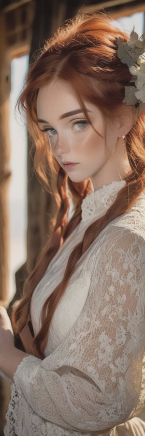 (8k, RAW photo, highest quality), beautiful woman, close up, white see thtough lace dress, (red hair, freckels, detailed eyes:1.1, wire round frame glasses), (standing side on looking at the camera:1.4), (highest quality), (best shadow),  intricate details, interior, in an old western log cabin, muted colors, ,Masterpiece,Enhanced Reality
