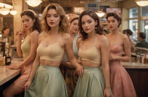 (photograph of a diner scene, bar stools at a counter, women dancing groovy, various dancing poses, eyes closed, entranced by the music. Women wearing various summer outfits including((( long summer skirt))) , hairstyles and hats typical of the 1990s, countertop displays a cake stand and other items, floor is terrazzo, LIFE magazine watermark in the bottom right corner, atmosphere is casual and social)
, nipples poking through fabric, nipples very prominent poking through fabric, under soft lighting, 
Extremely Realistic, art by sargent, PORTRAIT PHOTO, 
Aligned eyes,  Iridescent Eyes,  (blush,  eye_wrinkles:0.6),  (goosebumps:0.5),  subsurface scattering,  ((skin pores)),  (detailed skin texture),  (( textured skin)),  realistic dull (skin noise),  visible skin detail,  skin fuzz,  dry skin,  hyperdetailed face,  sharp picture,  sharp detailed,  (((analog grainy photo vintage))),  Rembrandt lighting,  ultra focus,  illuminated face,  detailed face,  8k resolution,,
Extremely Realistic, art by sargent, PORTRAIT PHOTO, 
Aligned eyes,  Iridescent Eyes,  (blush,  eye_wrinkles:0.6),  (goosebumps:0.5),  subsurface scattering,  ((skin pores)),  (detailed skin texture),  (( textured skin)),  realistic dull (skin noise),  visible skin detail,  skin fuzz,  dry skin,  hyperdetailed face,  sharp picture,  sharp detailed,  (((analog grainy photo vintage))),  Rembrandt lighting,  ultra focus,  illuminated face,  detailed face,  8k resolution,






