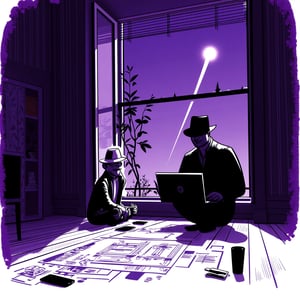 An illustration of a two men, inside their apartment, they're robbers and they're planning their next heist. Plans and blueprints of their next target laying on the floor between them. Each sitting cross legged on the wooden parquet flooring. Laptop by their side and two mobile phones laying around.
Cool moody atmosphere, abstract lines depicting the cosy furnished apartment, window overlooking the night sky in the background. Sliver ray of moonlight shining in.
Chaotic painted blob background in dark purple watercolor.
Monochrome cool soft tints Color palette 

Style of of satoshi hashimoto , satomic