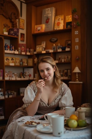 A 1770s photo of a woman sitting inside a charming, traditional Austrian Mozartkugel( Mozart Candy) shop. The shop should be adorned with Mozart-themed decorations, showcasing an array of these famous chocolates. The woman is elegantly dressed, embodying a sophisticated and classical style, reminiscent of the Mozart era. She is seated at a small, cozy table, elegantly set with fine china and a lace tablecloth. In her hand, she is delicately holding a piece of Mozartkugel chocolate, poised to take a bite. Her face is clearly visible, showing a look of delight and enjoyment as she savors the chocolate. The background should include shelves filled with beautifully packaged Mozartkugel chocolates and other Mozart-themed souvenirs. The lighting should be warm and inviting, enhancing the cozy atmosphere of the shop. 
 They dress in high-quality and elegant attire, showcasing their social status, Rich and luxurious colors adorn their clothing and surroundings, reflecting their financial stability and appreciation for the finer things in life.
Scene and lighting, photo is from 1770 clearly very old and reflects it's age and colours. 
. The warm, soft lighting accentuates everyone's  features, giving the photograph a timeless, ethereal quality.,perfect eyes,skin blemish,detailed skin, flfmt