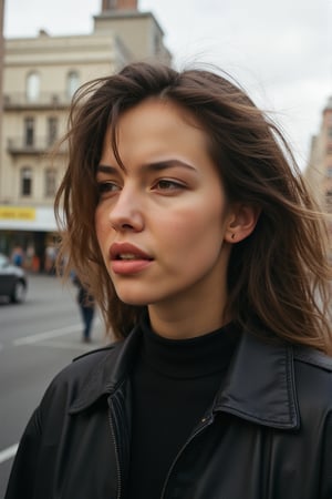 instagram photo, 1girl, black woman, perfect detailed eyes, natural skin \[\[(face asymmetry, eyes asymmetry, deformed eyes, open mouth)\]\]. A grainy photograph of the indigenoues model with brown hair fluttering in the wind covering her face wearing an oversized leather shirt, she is running through the streets of New York. The style is reminiscent of the iconic fashion photography of Vivienne Westwood. The camera used to capture the motion blur on her face creates a dynamic effect.

(((dry skin, skin pores))), ((looking away)), detailed, run, ((((analog)))), model, vogue, RAW, contrast, 8k, (natural skin texture, hyperrealism, soft light, sharp), (freckles:0.3), (acne:0.3), Cannon EOS 5D Mark III, 85mm,

Image noise, high contrast, washed out colors, slight motion blur, jpeg artifacts, on flickr in 2007, 2005 blog, 2007 blog, flfmt,n1ppl3,nud3,br34st