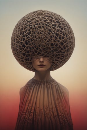 A The final scene presents a head encased in a spherical structure bristling with mechanical details. Wires or tubes extend from the head to the surrounding space, which resembles the interior of a grand yet desolate architectural space, possibly an abandoned futuristic temple or assembly. The image is a paradoxical mix of high couture in serene grace and dystopian complexity, inspired by Escher's paradoxical art and Gric's hyperrealistic style (gric style:1.15). The attire, flowing with Escher-inspired fabrics, shifts between soothing azure and ominous dark purples, accented with deep tones of red. This scene unfolds in a mystical garden that merges enchanting twilight hues with an eerie, moonlit forest ambiance. The model, positioned at the heart of this juxtaposition, wears an outfit that captures the ethereal beauty of serene dreams while echoing the sinuous lines of a nightmarish landscape. The surrounding foliage is lush yet ghostly, alive with a mix of tranquil and unsettling energies. The lighting, a blend of soft, ambient twilight and subtle, uncanny glows, casts the face in a light that is both tranquil and haunting. The expression captures a profound contemplation, an otherworldly elegance touched by a sense of dark, macabre beauty. This portrait, embodying both peaceful serenity and dark allure, plays with perspective and fluidity, contrasting the structured complexity of fashion with the effortless, albeit eerie, grace of nature. The color palette, rich in dark purples and varying shades of red, adds depth and intensity to this hyperrealistic
PORTRAIT PHOTO,stalker, very specific pose ,Gric, Aligned eyes,  Iridescent Eyes,  (blush,  eye_wrinkles:0.6),  (((textured skin))), (goosebumps:0.5),  subsurface scattering,  ((skin pores)),  (detailed skin texture),  (( textured skin)),  realistic dull (skin noise),  visible skin detail,  skin fuzz,  dry skin,  hyperdetailed face,  sharp picture,  sharp detailed,  (((analog grainy photo vintage))),  Rembrandt lighting,  ultra focus,  illuminated face,  detailed face,  8k resolution,