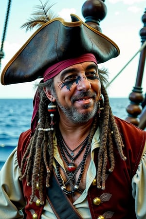 Photo of tmhrmns,a candid upper body photograph, charismatic pirate with dreadlocks, wearing a weathered tricorn hat, beads, and feathers in his hair, with a scarred face and dark eyeliner, slightly smirking, standing on the deck of a pirate ship, high quality, ultra detail, high resolution photo taken with zeiss batis 18 mm f/2.8, uhd 8k