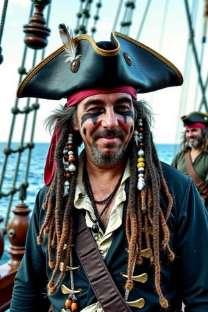 Photo of tmhrmns,a candid upper body photograph, charismatic pirate with dreadlocks, wearing a weathered tricorn hat, beads, and feathers in his hair, with a scarred face and dark eyeliner, slightly smirking, standing on the deck of a pirate ship, high quality, ultra detail, high resolution photo taken with zeiss batis 18 mm f/2.8, uhd 8k