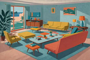 Mid century 50s living room,,Flat vector art,pencil sketch