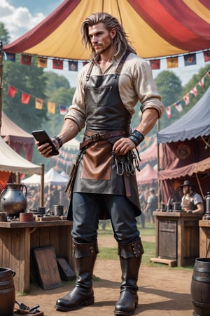 Wide shot of a bustling Renaissance fair in the countryside, featuring a 31-year-old artisan and digital artist, merging historical craftsmanship with present-day technology. He has a tall build, and his hair is a mix of medieval-length locks and an undercut, an anachronistic style that suits his dual interests. Amidst the fair, set against a backdrop of colorful tents and flag banners, he's demonstrating traditional blacksmithing while simultaneously recording a tutorial on a modern camera set up beside his anvil.
His clothing is a blend of eras: a traditional leather blacksmith apron worn over a graphic t-shirt, and on his feet, durable work boots with a hint of contemporary design. One wrist sports a leather cuff, the other a sleek fitness tracker. As he works the metal, his phone, secured in a custom, vintage-style holder, displays incoming messages about his latest digital art commission.The scene captures him interacting with fairgoers 