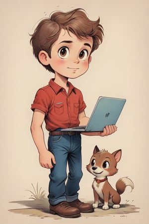 vintage comic book ((illustration)), 
(Brown-haired boy with a round face, ((holding a laptop on one hand)), and ((typing with the other hand))) in a (mid-20th-century cartoon illustration style). The male child character has (simple, stylized features) with (small dot eyes and a gentle smile), wearing a red shirt and blue jeans pants. The hair is (brown, represented with simple, playful shapes). The boy appears (joyful and innocent), with a (retro aesthetic reminiscent of 1950s and 1960s children's book illustrations). The background is (minimalistic, focusing on the character) with (flat, solid colors typical of offset printing). The overall mood is (cheerful and nostalgic), capturing the (essence of vintage children's illustrations). rubber_hose_character, children's picture books,, detailed gorgeous face, exquisite detail, ((full body)), 30-megapixel, 4k, Flat vector art, Vector illustration, Illustration, ,,rubber_hose_character,,vintagepaper,,,,,,,,<lora:659095807385103906:1.0>