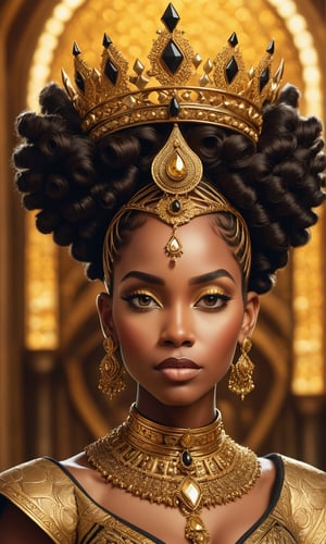 The image shows a Black woman with a regal bearing, wearing an ornate golden crown with spiked embellishments and intricate textures. Her makeup is immaculate, featuring neutral tones that complement her golden jewelry, which includes large earrings and a matching choker. Her attire suggests royal or ceremonial significance, with golden, textured patterns resembling scales or honeycomb designs across the shoulders. The background is dark, highlighting her and the golden tones of her attire. Her gaze is direct and confident, and her posture is upright, exuding a sense of nobility and strength.