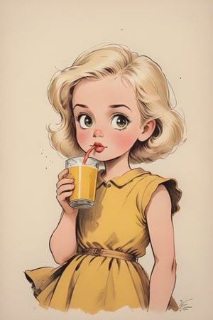 vintage comic book ((illustration)), by ((Milton caniff)),
(Blond-haired child with a round face, drinking from a glass with a yellow beverage through a straw) in a (mid-20th-century cartoon illustration style). The character has (simple, stylized features) with (small dot eyes and a gentle smile). The hair is (blond, represented with simple, playful shapes). The child appears (joyful and innocent), with a (retro aesthetic reminiscent of 1950s and 1960s children's book illustrations). The background is (minimalistic, focusing on the character) with (flat, solid colors typical of offset printing). The overall mood is (cheerful and nostalgic), capturing the (essence of vintage children's illustrations). rubber_hose_character, children's picture books,, detailed gorgeous face, exquisite detail, ((full body)), 30-megapixel, 4k, Flat vector art, Vector illustration, Illustration, ,,rubber_hose_character,,vintagepaper,,,,,<lora:659095807385103906:1.0>