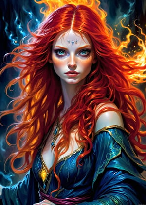 A mesmerizingly enchanting sorceress with vibrant red hair. Her cascading locks flow like flames, illuminating her bewitching appearance. This exquisite portrayal captures her delicate features and fiery essence. The image is a stunning painting that intricately showcases the sorceress's ethereal beauty. Every brush stroke and color choice exudes a sense of allure and mystique. It is a high-definition masterpiece crafted with meticulous attention to detail, immersing viewers in the spellbinding world of this captivating redhead sorceress.,horror,DonMG414 ,monster,more detail XL