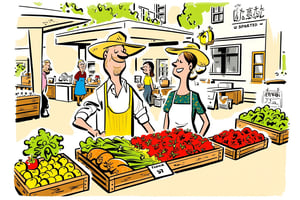 (((colorful editorial illustrations))). A cartoon illustration A vibrant cartoon-style illustration of a cheerful farmer couple at an outdoor market stall. The couple, a man and woman in their late 30s, are wearing traditional farming clothes – the man has overalls, a wide-brimmed straw hat, and work boots, while the woman is dressed in a simple apron over a floral dress, with her hair tied back. Their market stall is overflowing with freshly harvested fruits and vegetables: bright red tomatoes, leafy green lettuce, bunches of carrots, apples, and colorful peppers. Wooden crates and baskets are filled with produce, neatly arranged in front of the stall with handwritten price tags. Behind the couple, a rustic banner reads "Fresh from the Farm." The background features other market stalls and a few customers browsing the goods. The sun shines brightly overhead, casting warm light and shadows, adding to the lively and welcoming atmosphere.

(((hand drawn, loose, loose coloring ))), (((shaded illustration))), flat colors 

(Coloring technique: loose, expressive fills) (fill does not reach outlines precisely, with occasional overshooting) (flat, minimal shading) (bold color palette, few colors) (dynamic, hand-drawn sketch aesthetic).There are areas where the color spills beyond the intended boundary.

Coarse fluid bold black outlines. Spare color use.

Style satoshi hashimoto, satomic, animestyle,1950s pulp art style