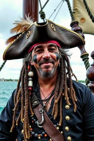 Photo of tmhrmns,a candid upper body photograph, charismatic pirate with dreadlocks, wearing a weathered tricorn hat, beads, and feathers in his hair, with a scarred face and dark eyeliner, slightly smirking, standing on the deck of a pirate ship, high quality, ultra detail, high resolution photo taken with zeiss batis 18 mm f/2.8, uhd 8k