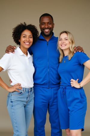 A real image of three people posing together naturally. They are interacting casually, but pose in a warm and approachable manner. One person is a woman with black hair and brown skin, she is wearing a white polo shirt and jeans, the second person is a tall black man, he is wearing a royal blue helanca tracksuit and blue helanca pants, the third person is a blonde woman, she is wearing a royal blue t-shirt and sweatshirt shorts. The image is well lit with soft, natural lighting without a background. suitable for professional graphic materials. Need to look like the Brazilian people, ((camera is in a low perspective pointing up)).


