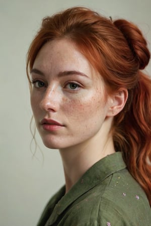 Grainy analog photo,((side view)), ((model in profile)), (stylish portrait of a young woman with (red hair), (a lot of freckles), (((very freckled))), and (a calm expression). She has her hair tied back in a loose (bun), with a few strands framing her face. The woman is wearing a (green button-up shirt) that is slightly open at the collar, revealing a hint of her collarbone. She is posed in a (three-quarter view) looking to her right, with her gaze directed (upwards and off-camera). The background is (plain and neutral), which draws focus to her serene and contemplative expression.)
Extremely Realistic, art by sargent, PORTRAIT PHOTO, 
Aligned eyes,  Iridescent Eyes,  (blush,  eye_wrinkles:0.6),  (goosebumps:0.5),  subsurface scattering,  ((skin pores)),  (detailed skin texture),  (( textured skin)),  realistic dull (skin noise),  visible skin detail,  skin fuzz,  dry skin,  hyperdetailed face,  sharp picture,  sharp detailed,  (((analog grainy photo vintage))),  Rembrandt lighting,  ultra focus,  illuminated face,  detailed face,  8k resolution,,Fujifilm XT3, more saturation, photo r3al, (high detailed skin:1.2), 8k uhd, dslr, lighting, high quality, film grain, Fujifilm XT3, (establishing shot:1.5), perfect hand. Medium depth of field, vignette, highly detailed, high budget, bokeh, cinemascope, vibrant, epic, gorgeous, film grain, grainy, in the style of Andrea Kowch, colorized, light pink and dark gray, Hans Holbein the Elder, movie still, pensive portraiture, soviet, photo r3al, Extremely Realistic, more detail XL, eyes shoot, ohwx woman,
Extremely Realistic, art by sargent, PORTRAIT PHOTO, 
