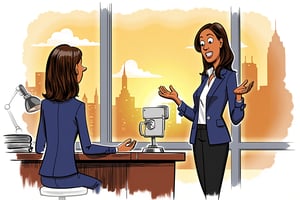 A (((colorful editorial illustration ))).
cartoon scene, (((Kamala Harris giving a speech)))

((Kamala Harris)), a woman in her 50s from Indian and Jamaican and American descent, runs for president, has a brown tanned skin, long dark brown hair 
and is wearing a navy blue modern outfit.

Background: A modern, sleek office with large windows showcasing the city skyline. The desk and office details remain, keeping the atmosphere professional but highlighting the tension between the two characters.
Textured Chaotic paint background in duotone colours watercolor, with warm  color palette.  

In the style of Satoshi Hashimoto. Satomic.

