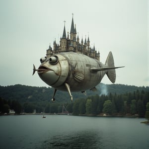 The large angler fish depicted in the picture is an amazing combination of a living creature and a highly developed mechanism. With huge round eyes that have a surprised or even slightly comical expression. Its body is impressive in size, round and smooth, with metal elements, which makes it look like a flying machine. The upper part of the fish is decorated with numerous architectural elements reminiscent of towers, domes and spires, characteristic of European architecture, an entire city or castle is built on the fish. The background consists of a forest area with trees, against which small structures are visible, a lake, over which this fish-city is swimming. The atmosphere is a feeling of a magical and fantastic world.,flmft