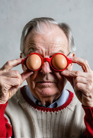 This image depicts an elderly man , short grey hair, wearing  a red and white sweater. The person is holding two ((eggs up to his eyes)), ((playfully two eggs positioning them as if they were spectacles)). The ((eggs are held over the eyes, one over each eye)), creating a humorous effect. The individual's face is partially visible, showing a puckered mouth, which adds to the whimsical nature of the scene. The background is plain and white, which draws attention to the subject and the lemons. The overall mood of the image is light-hearted and fun, with a touch of playfulness.