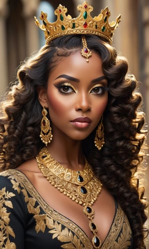 This image features a Black woman with an elegant and majestic presence, adorned with a luxurious golden crown inset with jewels and an elaborate design. Her hair is styled in voluminous curls, and her makeup is striking, with bold eyeliner and warm, golden eyeshadow that complements her overall look. She wears opulent golden jewelry, including a large necklace, earrings, and a headpiece that extends down the forehead. The attire is richly detailed with golden embroidery and textures, suggesting a regal or royal persona. The background has a patterned, golden design that enhances her stature.,stalker