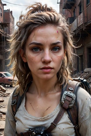 dystopian art, 18yo girl, a survivor of post-apocalypse, walking her dog in the abandoned city, beautiful face with messy hair and gear, DnD, in the style of realistic and hyper-detailed renderings, dungeons and dragons, 8k, detailed eyes, epic , dramatic , fantastical, full body , ((extremely sharp)), intricate design and details, dramatic lighting, hyperrealism, photorealistic, cinematic, 8k, detailed face. Extremely Realistic, art by sargent, PORTRAIT PHOTO, 
Aligned eyes,  Iridescent Eyes,  (blush,  eye_wrinkles:0.6),  (goosebumps:0.5),  subsurface scattering,  ((skin pores)),  (detailed skin texture),  (( textured skin)),  realistic dull (skin noise),  visible skin detail,  skin fuzz,  dry skin,  hyperdetailed face,  sharp picture,  sharp detailed,  sharp detailed lips, sharp detailed skin, (((analog grainy photo vintage))),  Rembrandt lighting,  ultra focus,  illuminated face,  detailed face,  8k resolution,Extremely Realistic,photo r3al
(((motion blur))), full body, from below, KNWLS, wide shot, distance, full-body, outside, ultra sharp, unbalanced face, full body, highly detailed, dry skin, skin pores, looking away, detailed, run, analog, 50mm Leica, undershot, low shutter speed, super realistic, contrast, imperfect skin, ,PORTRAIT PHOTO