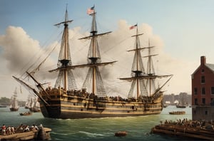 (masterpiece: 1.2), (best quality, ultra detailed, photorealistic: 1.37) high quality, high definition, super detailed, (Natural Light), (Hyperrealist Photography), (High contrast), defined blacks, (HDR), volume, (American Revolution style), wide plan, (Boston Tea Party), (Tea crates towering over the ships' decks: 2), centered, monumental, (Gigantic piles of tea crates: 2), (aboard vessels in Boston Harbor: 2), forcefully thrown overboard by dozens of (Colonial rebels: 1.8), (dressed as Mohawk warriors: 1.5).