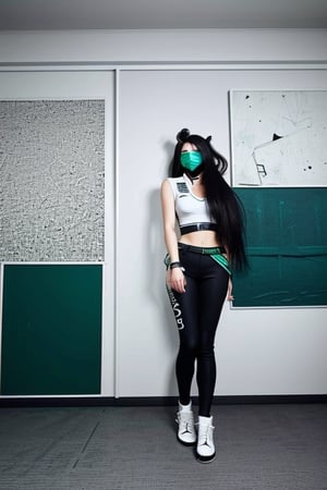 2D, (Akali from League of Legends, picture on the wall, full body, solo: 1.5), casual outfit, vibrant, detailed, close up, very attractive, show tongue, sport figure, abstract, masterpiece, high quality, , (blended black and white and emerald hair:1.3), bright blue eyes, splatoon colors, dynamic pose, graffitiStyle,