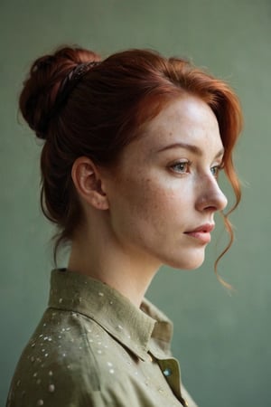 Grainy analog photo,((side view)), ((model in profile)), (stylish portrait of a young woman with (red hair), (a lot of freckles), (((very freckled))), and (a calm expression). She has her hair tied back in a loose (bun), with a few strands framing her face. The woman is wearing a (green button-up shirt) that is slightly open at the collar, revealing a hint of her collarbone. She is posed in a (three-quarter view) looking to her right, with her gaze directed (upwards and off-camera). The background is (plain and neutral), which draws focus to her serene and contemplative expression.)
Extremely Realistic, art by sargent, PORTRAIT PHOTO, 
Aligned eyes,  Iridescent Eyes,  (blush,  eye_wrinkles:0.6),  (goosebumps:0.5),  subsurface scattering,  ((skin pores)),  (detailed skin texture),  (( textured skin)),  realistic dull (skin noise),  visible skin detail,  skin fuzz,  dry skin,  hyperdetailed face,  sharp picture,  sharp detailed,  (((analog grainy photo vintage))),  Rembrandt lighting,  ultra focus,  illuminated face,  detailed face,  8k resolution,,Fujifilm XT3, more saturation, photo r3al, (high detailed skin:1.2), 8k uhd, dslr, lighting, high quality, film grain, Fujifilm XT3, (establishing shot:1.5), perfect hand. Medium depth of field, vignette, highly detailed, high budget, bokeh, cinemascope, vibrant, epic, gorgeous, film grain, grainy, in the style of Andrea Kowch, colorized, light pink and dark gray, Hans Holbein the Elder, movie still, pensive portraiture, soviet, photo r3al, Extremely Realistic, more detail XL, eyes shoot, ohwx woman,
Extremely Realistic, art by sargent, PORTRAIT PHOTO, 
